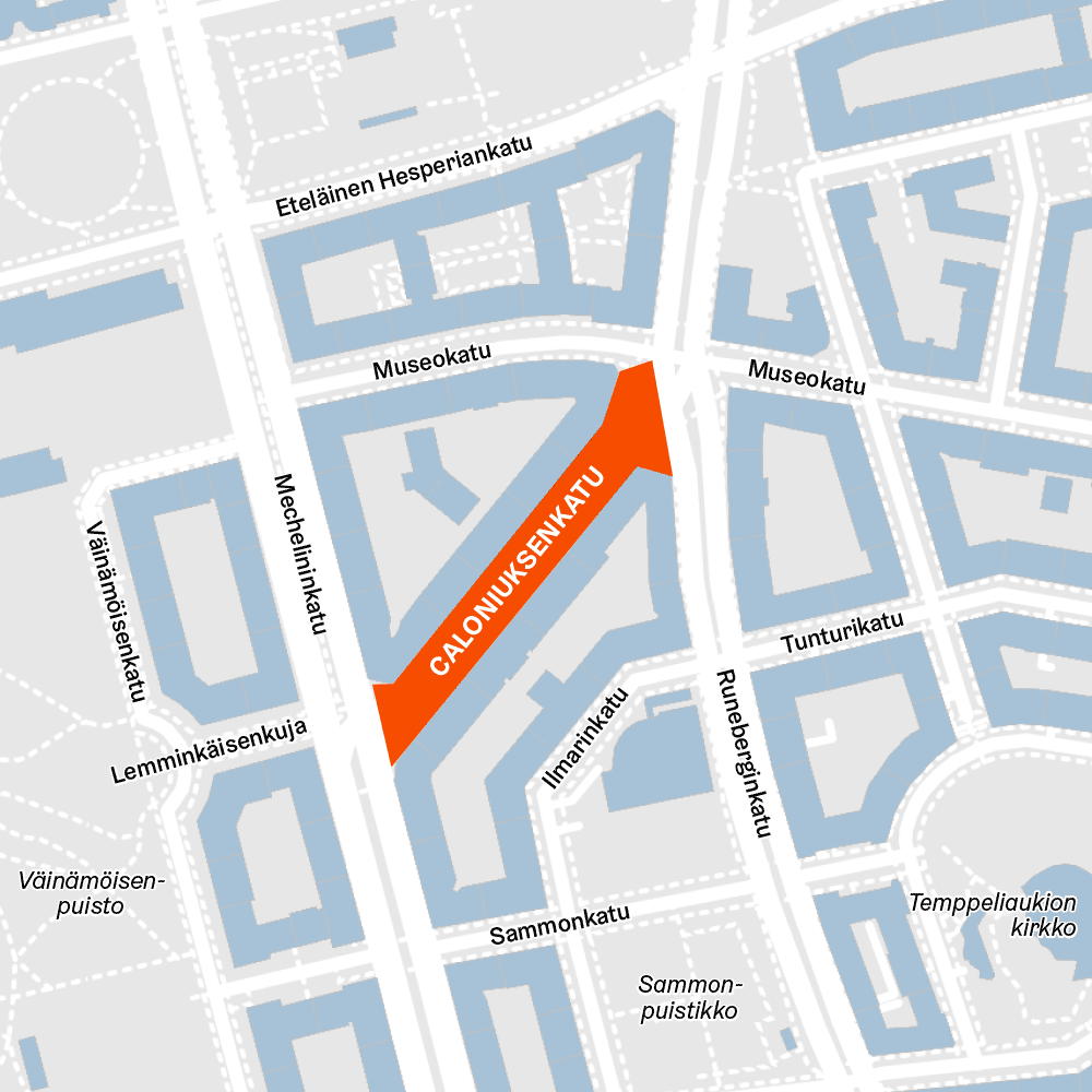 Karttakuvassa Caloniuksenkadun työmaan rajaukset Etu-Töölössä